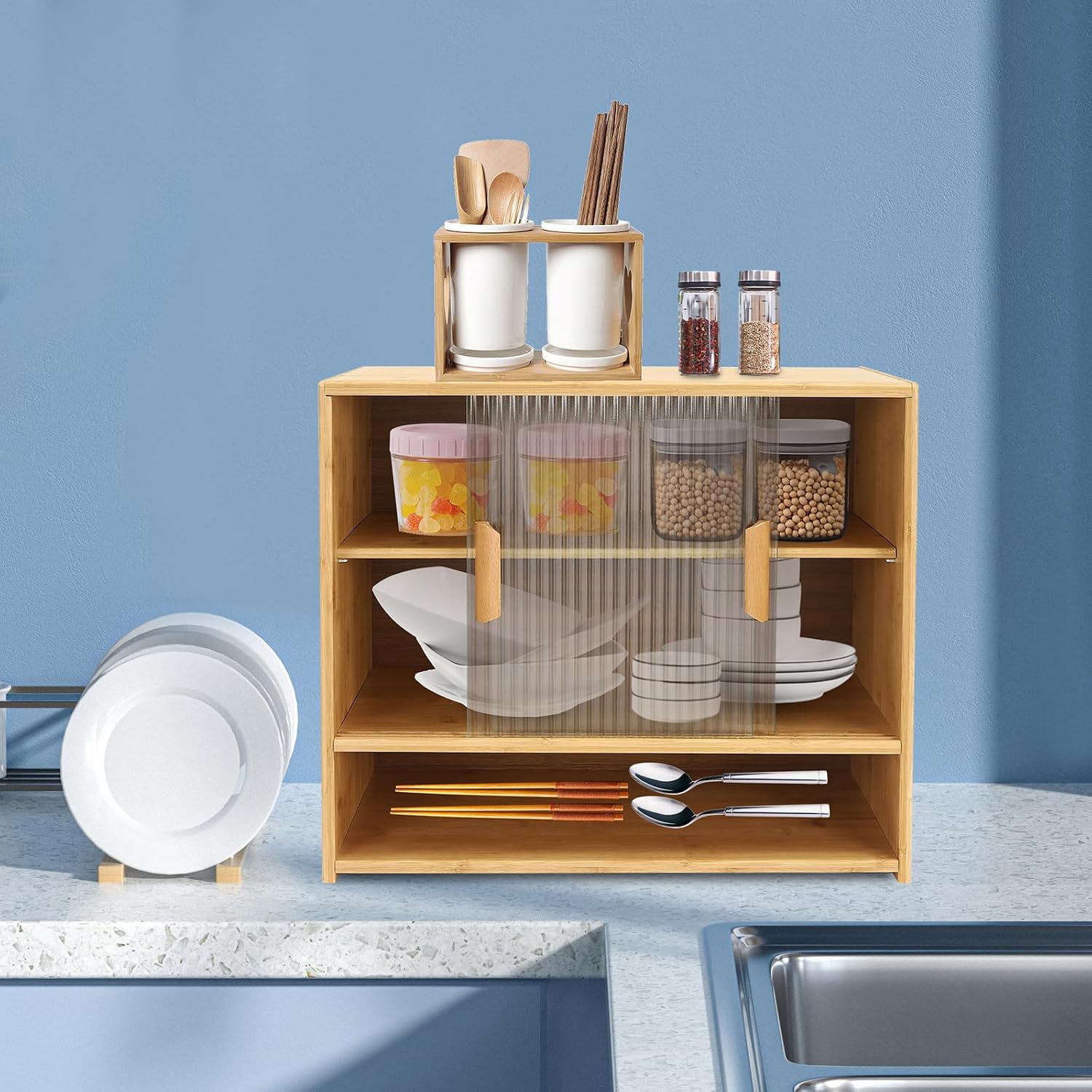 Bamboo Kitchen Pantry Sideboard with Sliding Glass Doors, Freestanding Storage Cabinet with Adjustable Height, 3-Tier Utility Cupboard for Bottles and Dishes