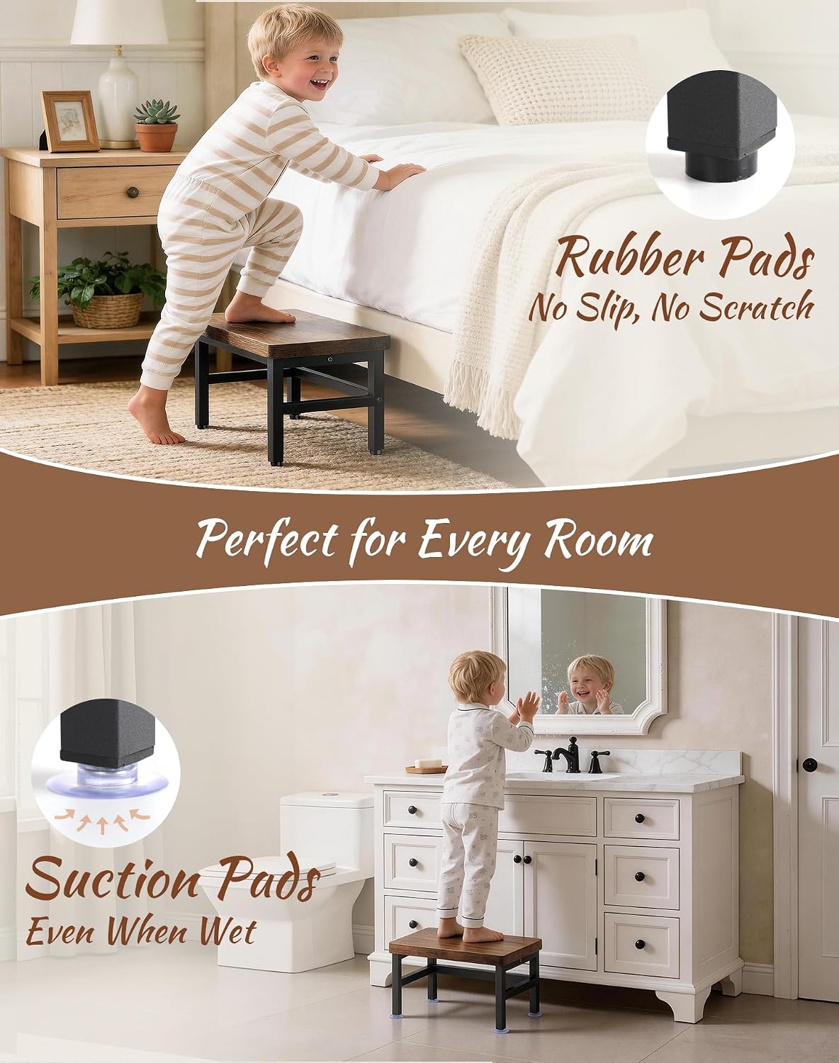 PARTPHONER Wooden Step Stool for Adults & Kids, 480-LBS Heavy Duty with Non-Slip Rubber Feet & Suction Cup Pads, Bed Stool for High Beds, Ideal for Bedroom, Living Room, Bathroom, Kitchen,Rustic Brown