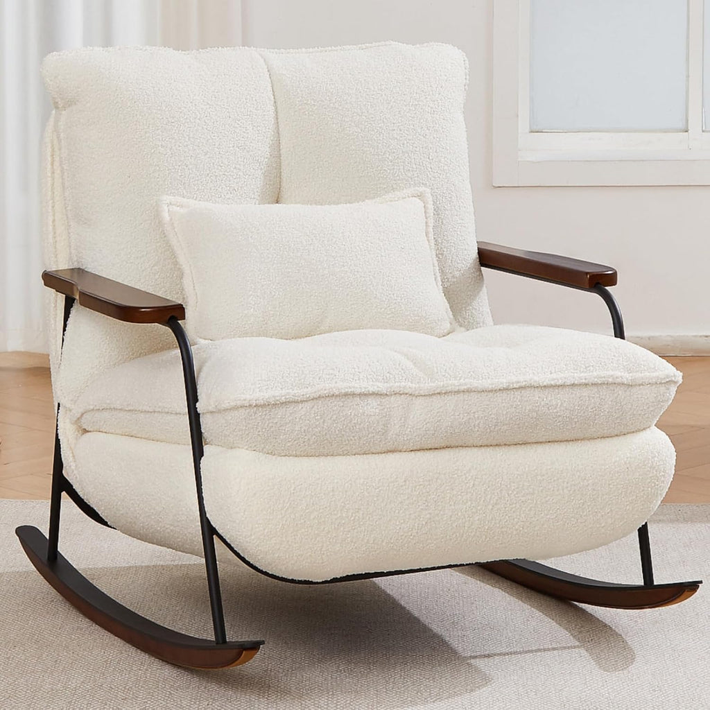 zyz Oversized Nursery Rocking Chair with Pillow, Teddy Upholstered Rocker Chair with Solid Wood & Steel Frame, 25° Gentle Rocking Accent Chair with DIY Ottoman Footrest for Living Room Bedroom, White