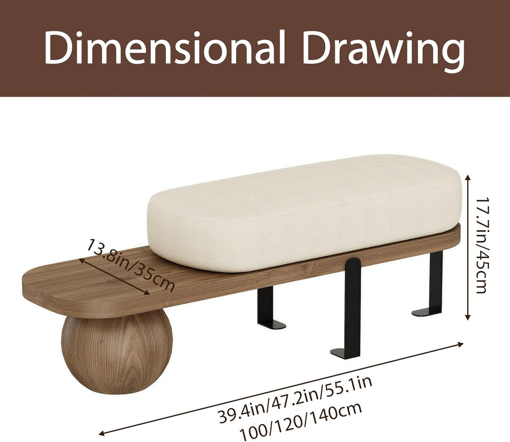 Wooden Boucle Bench with Abstract Metal Leg, Modern Entryway Bench, Upholstered End of Bed Bench,Shoe Changing Bench for Entryway Livingroom Bedroom (140cm/55.1")