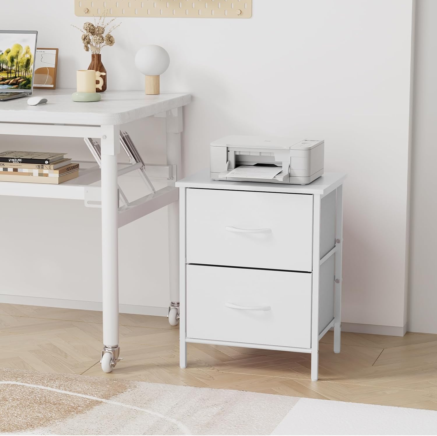 Stero Nightstand Set of 2, Kids Dresser with 2 Drawers, Steel Frame Bedside Furniture, Wood Top Fabric Night Stand, Colorful End Table for Home, Bedroom, Office, White