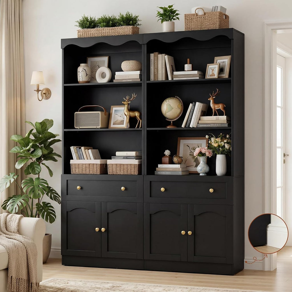 Cyclysio 80" Tall Pantry Cabinet with 3-Tier Open Shelves, Black Kitchen Pantry Storage Cabinet with Drawer, Kitchen Organizer with Built-in Baseboard Notch for Kitchen, Living Room, Bathroom