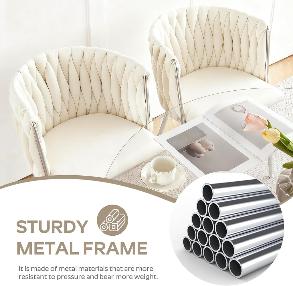 Baysitone Modern 3-Piece Dining Set with 36" Round Glass Table & 2 Woven Velvet Upholstered Dining Chairs, Silver Metal Table Legs, Kitchen & Dining Room Furniture for Small Spaces(Beige&Silver)