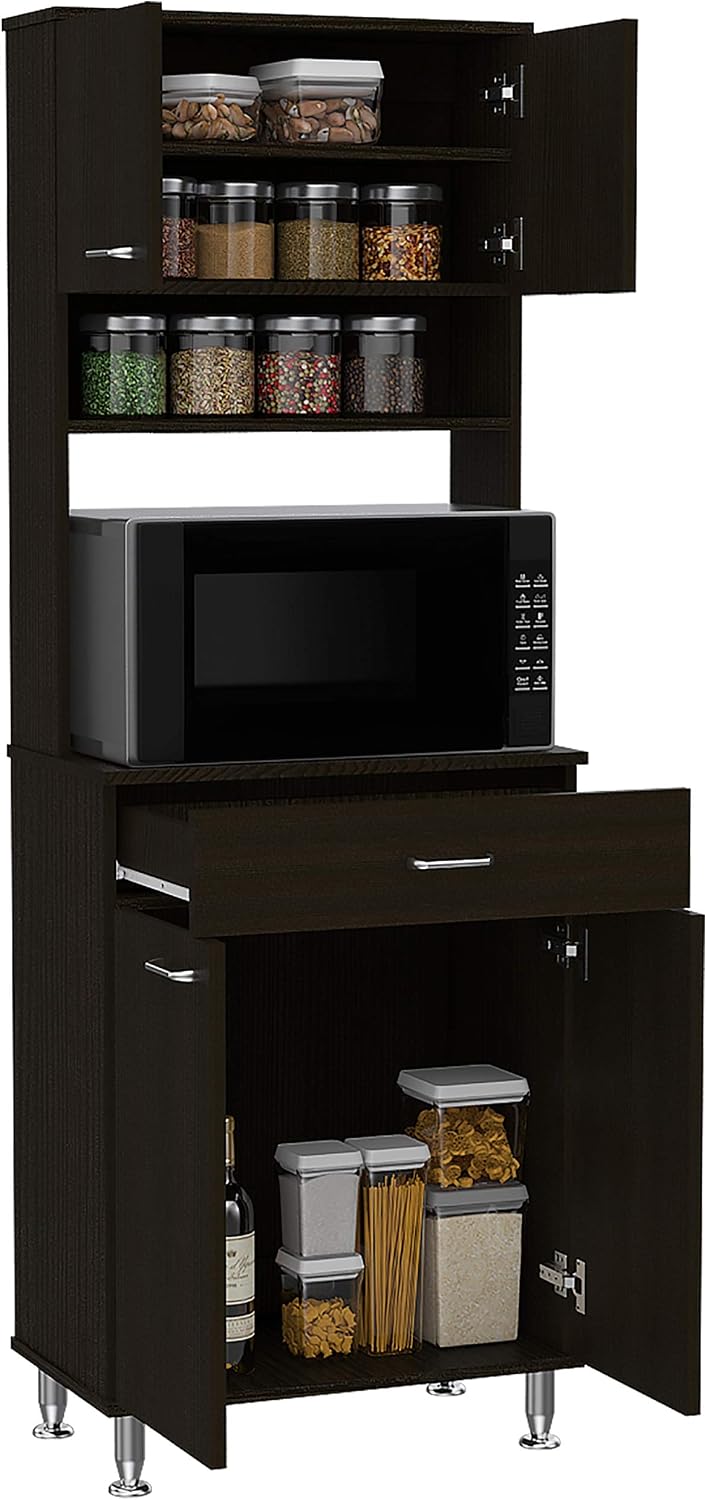 23.6" D*13.7" W*66.5" H Kitchen Pantry with Drawer & 2 Shelves, 2 Double Doors, Rectangular Storage Cabinet, Traditional, for Living Room, Dining Room, Black