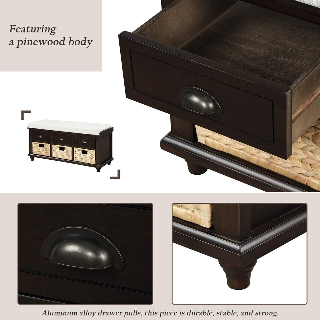 Rustic Storage Bench Narrow Entryway Bench with 3 Drawers and 3 Rattan Baskets Shoe Bench for Hallway Living Room Entryway Espresso Easy Assembly 42.1''× 15.40''× 21''