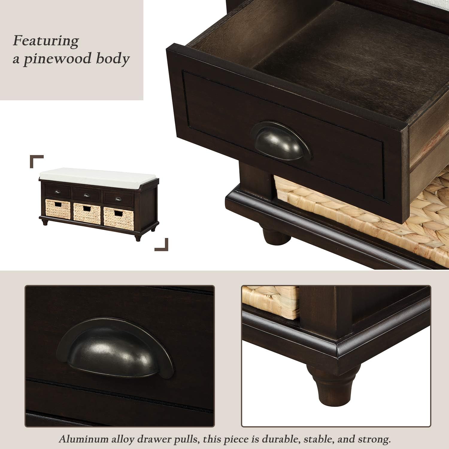 Rustic Storage Bench Narrow Entryway Bench with 3 Drawers and 3 Rattan Baskets Shoe Bench for Hallway Living Room Entryway Espresso Easy Assembly 42.1''× 15.40''× 21''