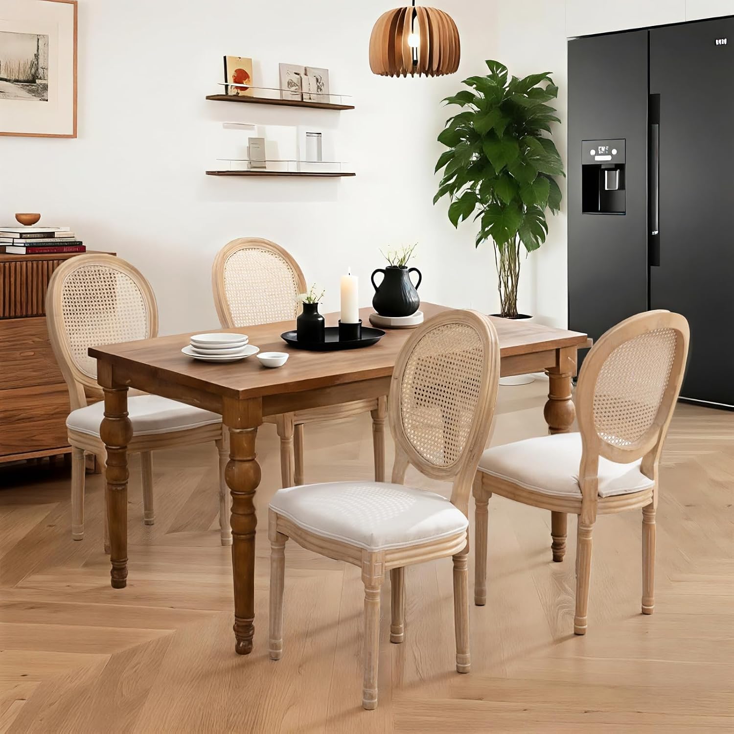 French Country Dining Chairs Set of 4,Farmhouse Upholstered Dining Room Chairs with Round Back and Solid Leg,Rattan Kitchen Chairs for Kitchen/Bedroom/Dining Room,Beige