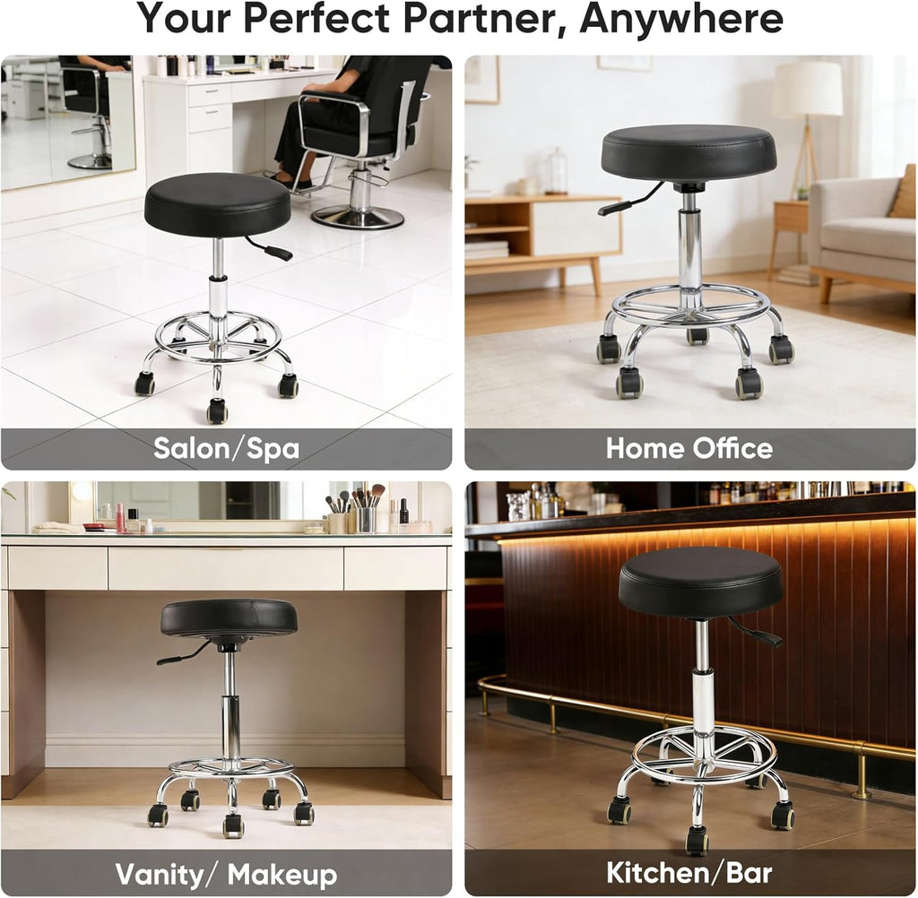 Adjustable Rolling Stool with Wheels & Footrest, 485lb Capacity Drafting Stool Chair, Swivel Salon Spa Tattoo Medical Office Chair, Black