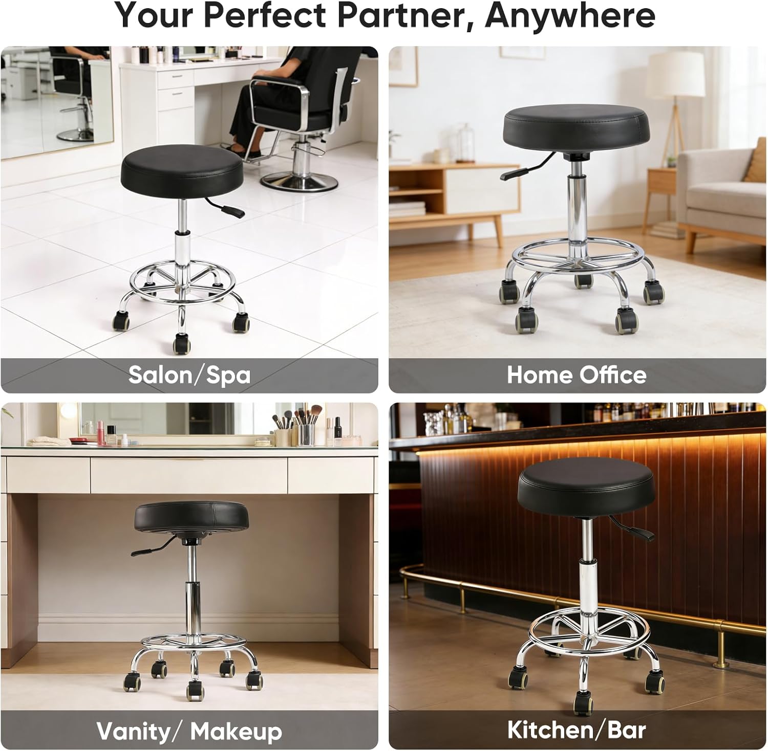 Adjustable Rolling Stool with Wheels & Footrest, 485lb Capacity Drafting Stool Chair, Swivel Salon Spa Tattoo Medical Office Chair, Black