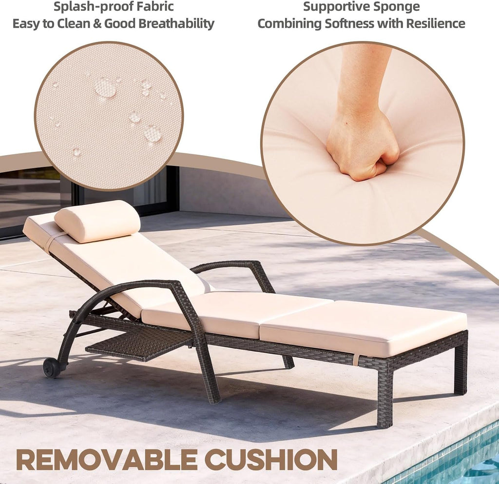Patio Chaise Lounge Chairs Set of 2 Wicker Pool Lounge Chairs Outdoor with 5 Adjustable Back & Removable Cushion & Tray Tanning Chair Sun Loungers for Patio Poolside Deck Beach