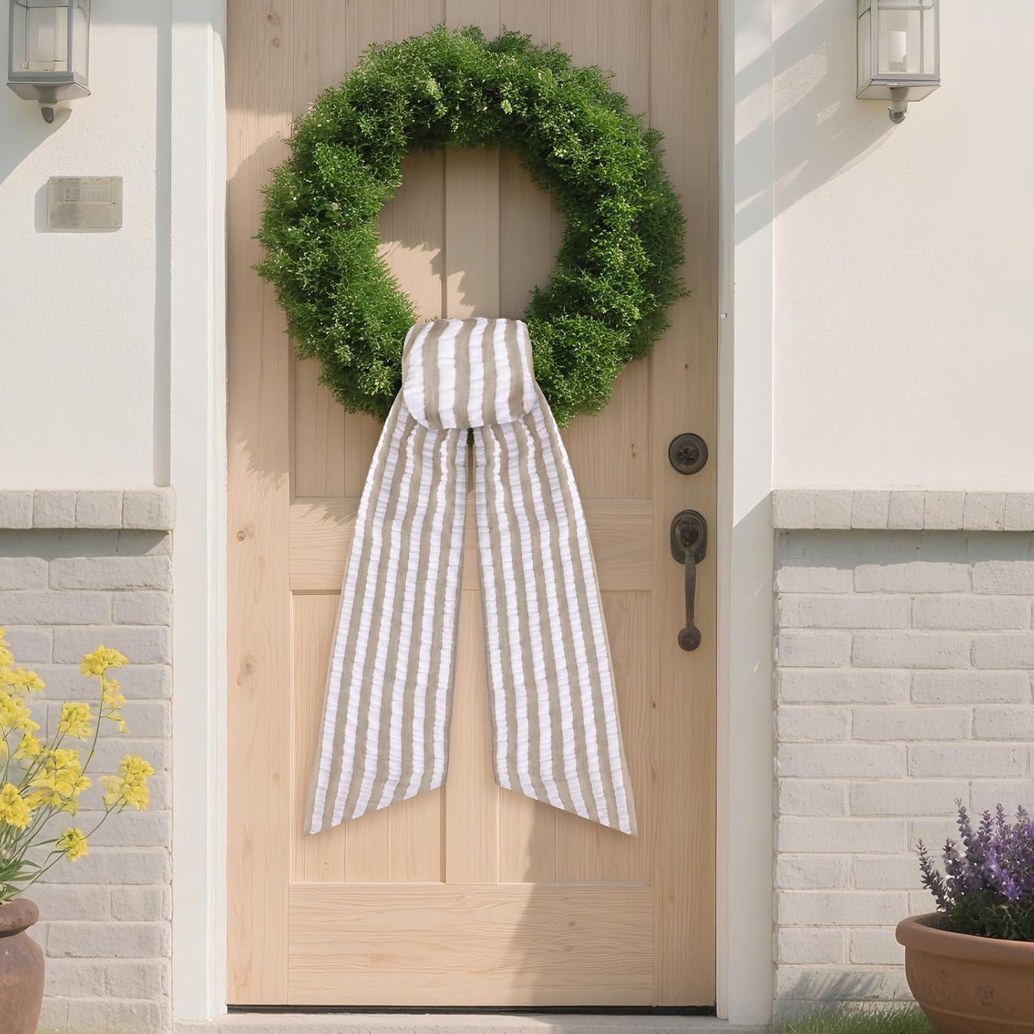 Brown Wreath Sash for Front Door - 2 Pcs Rustic Seersucker Wreath Sashes for Embroidery Monogram Home Decor, 60 Inch Boho Plain Stripe Wreaths Sash for Garland Window Wall Yard