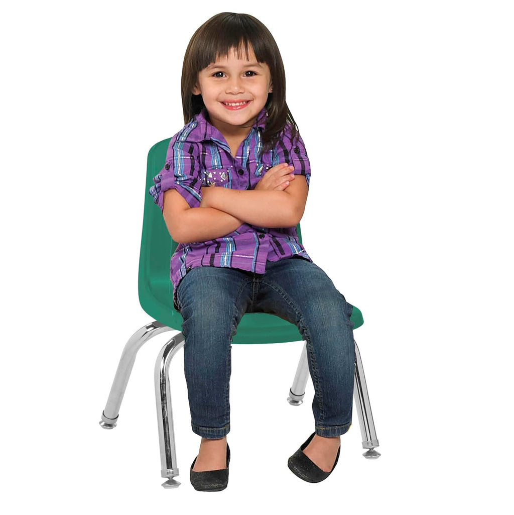 FDP 10" School Stack Chair, Stacking Student Seat with Chromed Steel Legs and Nylon Swivel Glides for in-Home Learning or Classroom - Green (4-Pack), 13227-GN
