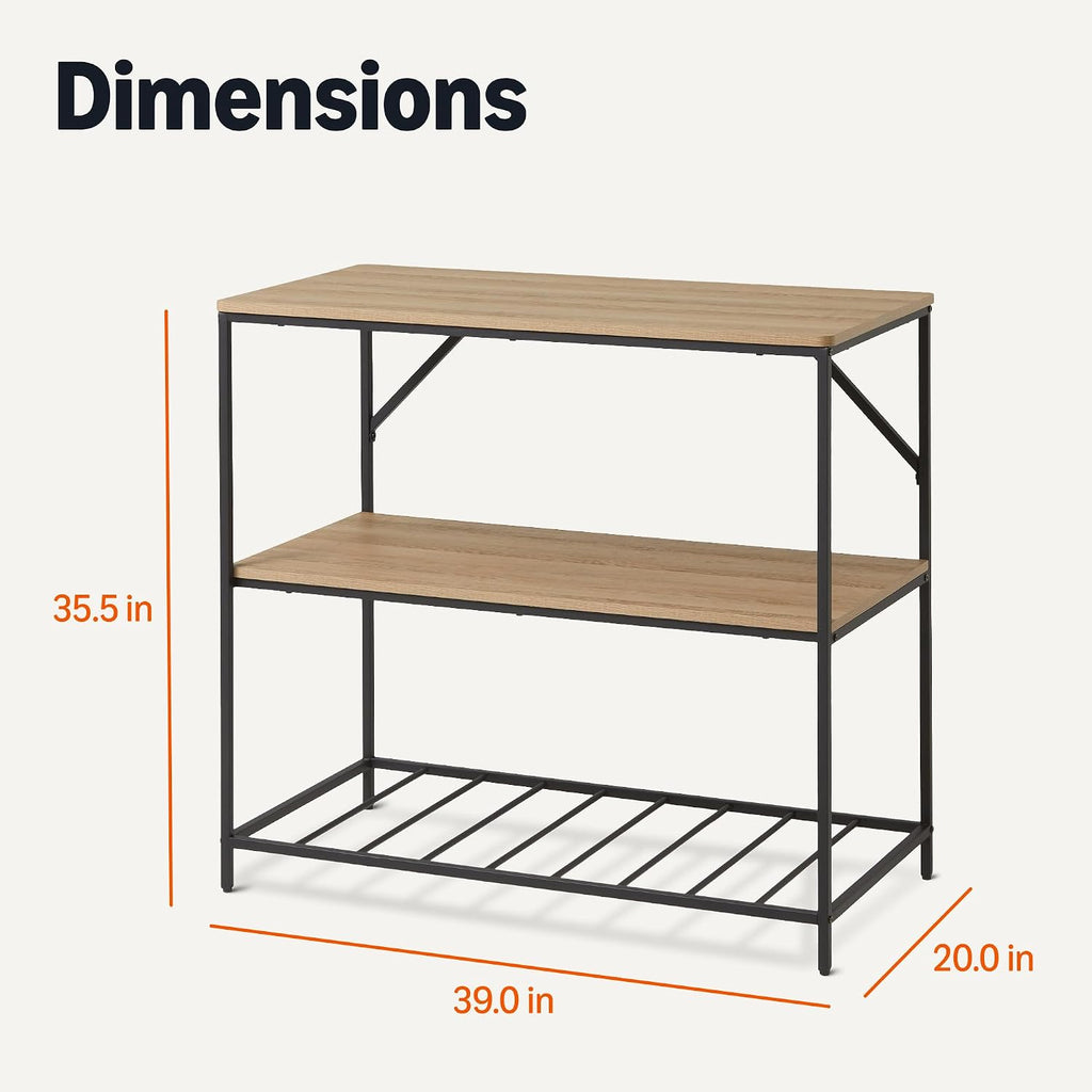 Amazon Basics Kitchen Island with 3 Storage Shelves, Black and Oak Effect, Melamine Surface, Adjustable Feet