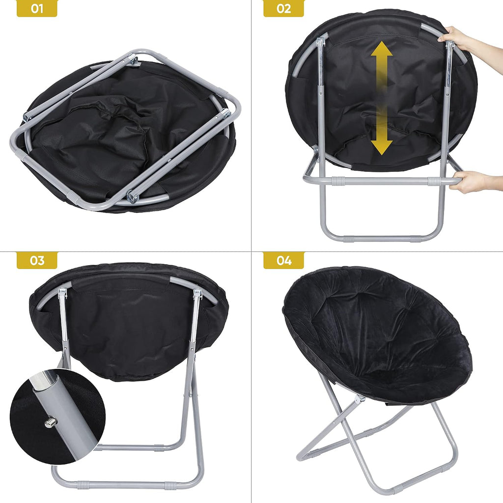 Nouva Saucer Chiar Foldable Moon Chair Folding Soft Fuzzy Seating Faux-Fur Round Circle Chair Gaming Chair for Indoor Outdoor Living Room Bedroom Dorm Home Set of 2, Black