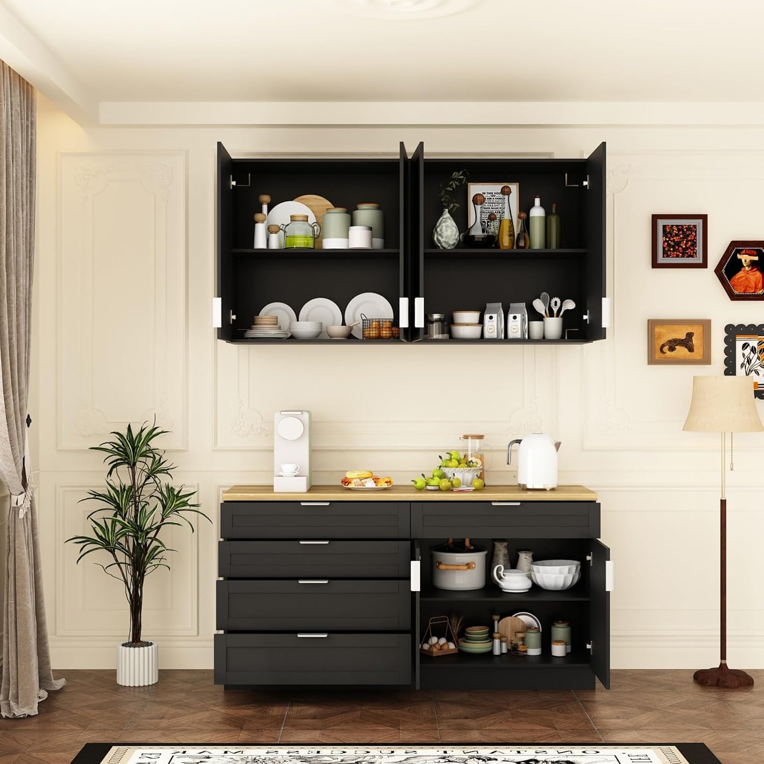 Kitchen Cabinet Set with 5 Drawers and Shelves, Wall-Mounted Pantry Cabinet Set with Doors & Countertop, for Kitchen Storage Black and Oak