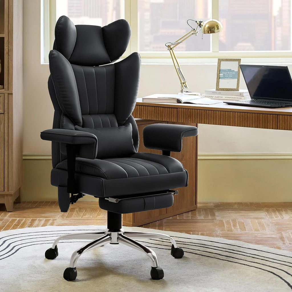 6 Points Massage Office Chair with Foot Rest - 400LBS Executive Office Chair with Adjustable Headrest, Armrest and Lumbar Pillow, Comfortable Leather Desk Chair for Home Office, Black