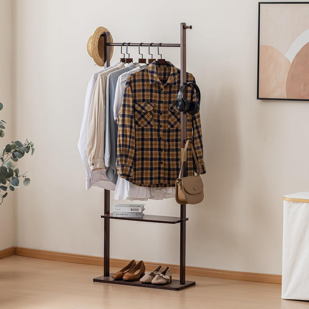 SOBIBO Clothes Rack Solid Wood Coat Rack with Shelves and Hooks – Garment Clothing Rack Coat Rack with Storage for Hallway, Bedroom, Living Room, 23.6 inch, Walnut