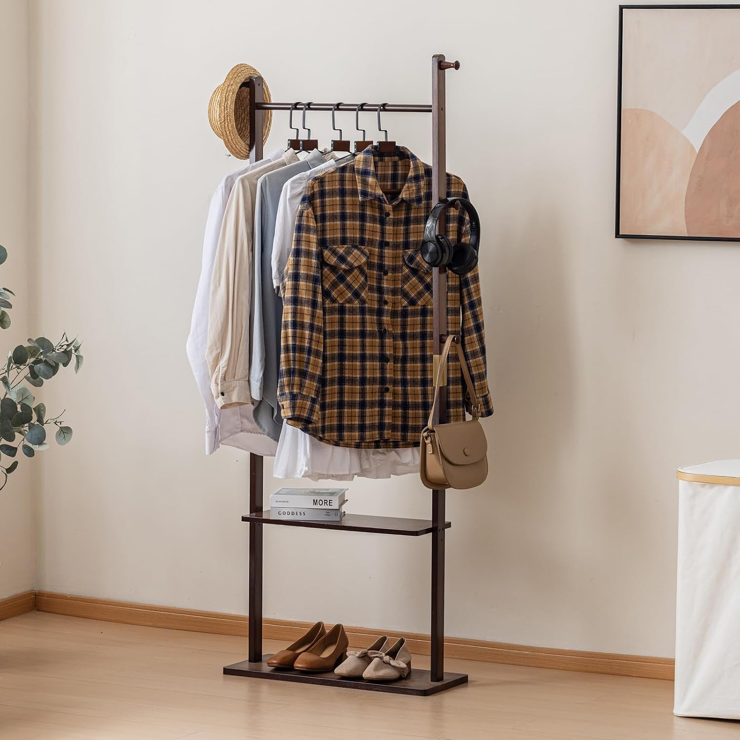 SOBIBO Clothes Rack Solid Wood Coat Rack with Shelves and Hooks – Garment Clothing Rack Coat Rack with Storage for Hallway, Bedroom, Living Room, 23.6 inch, Walnut