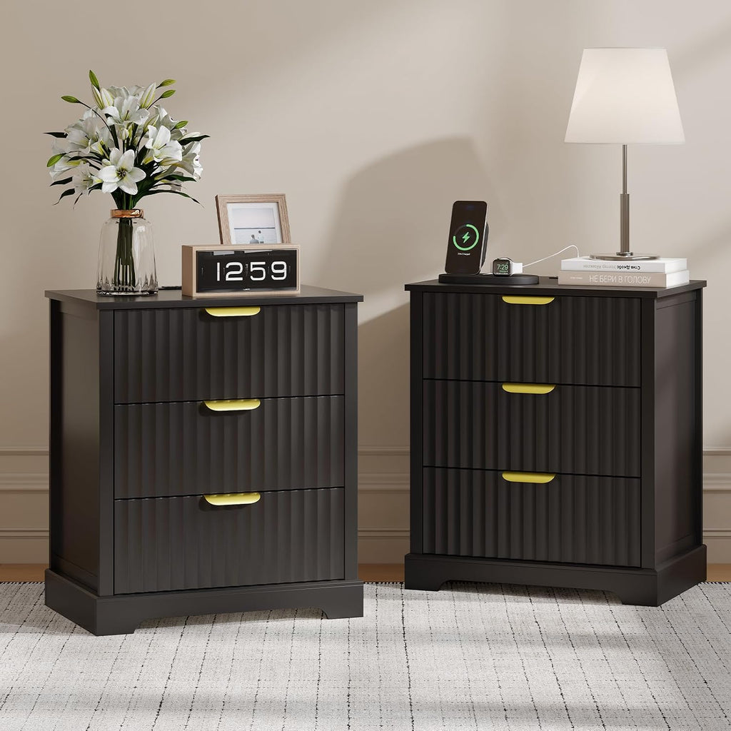 Fluted Nightstand Set of 2, 3 Drawers Modern | Metal Handles, Large Bedside Table, Bedroom, Charging Stations With USB-C Port, Black