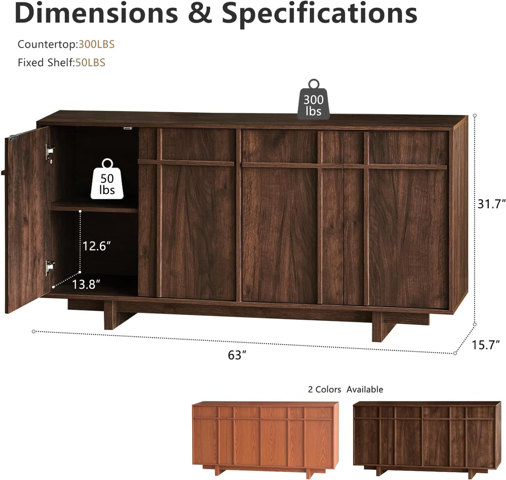 Sideboard Buffet Cabinet with Storage, Mid Century Modern Accent Cabinet with Skeleton Line & Wood Grain Texture,Minimalist Geometric Credenza for Living Room, Kitchen and Entryway, Walnut