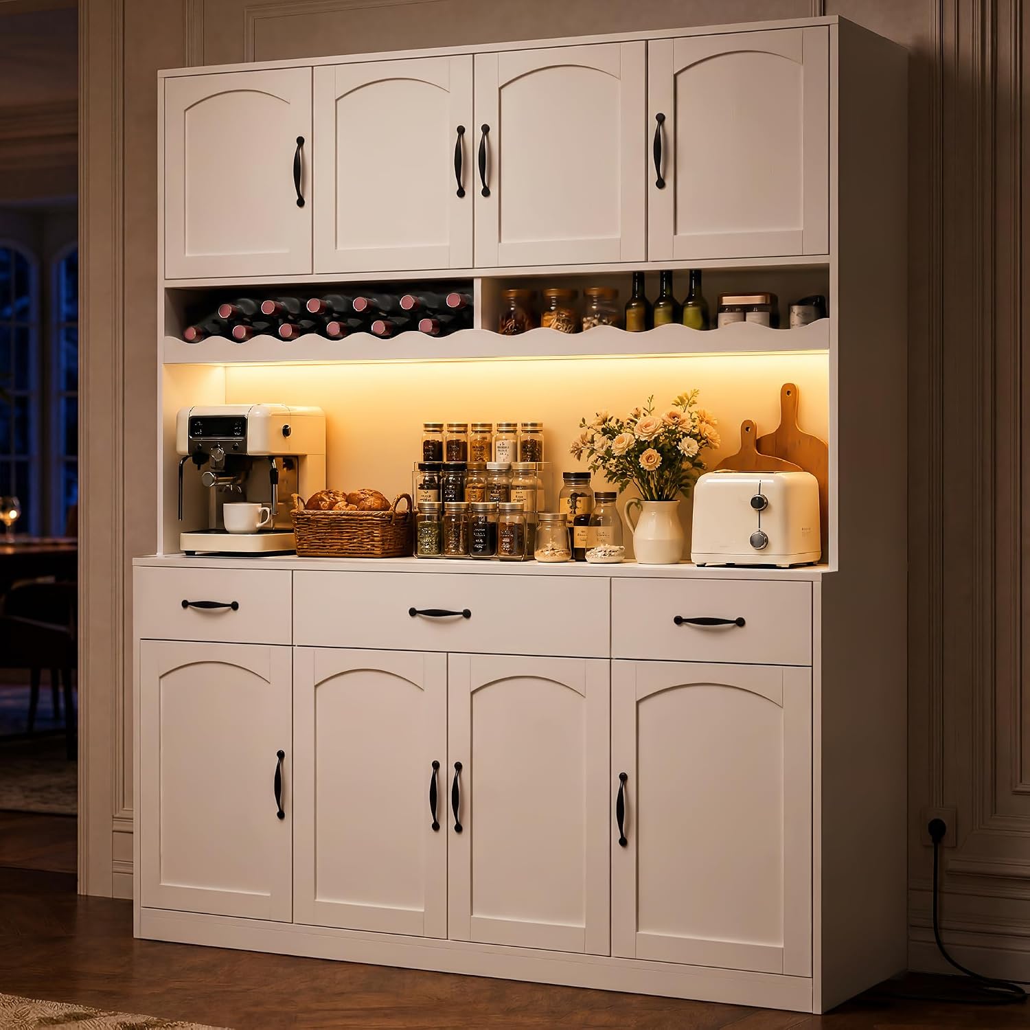 White 72" Tall Kitchen Pantry Cabinet with Charging Station 55" Wide Kitchen Hutch Cabinet with LED Light and Countertop Large Kitchen Cabinet with Adjustable Shelves and Wine Rack