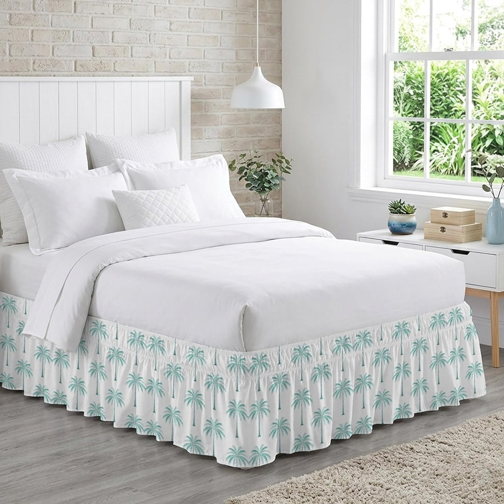Teal Geeen Palm Trees Bed Skirt King Size 16 Inch Drop, Adjustable & Elastic Wrap Around Bed Skirts Pleated Luxury Dust Ruffles for Twin Full Queen Cal King Base Bed, Tropical Summer Beach Botanical