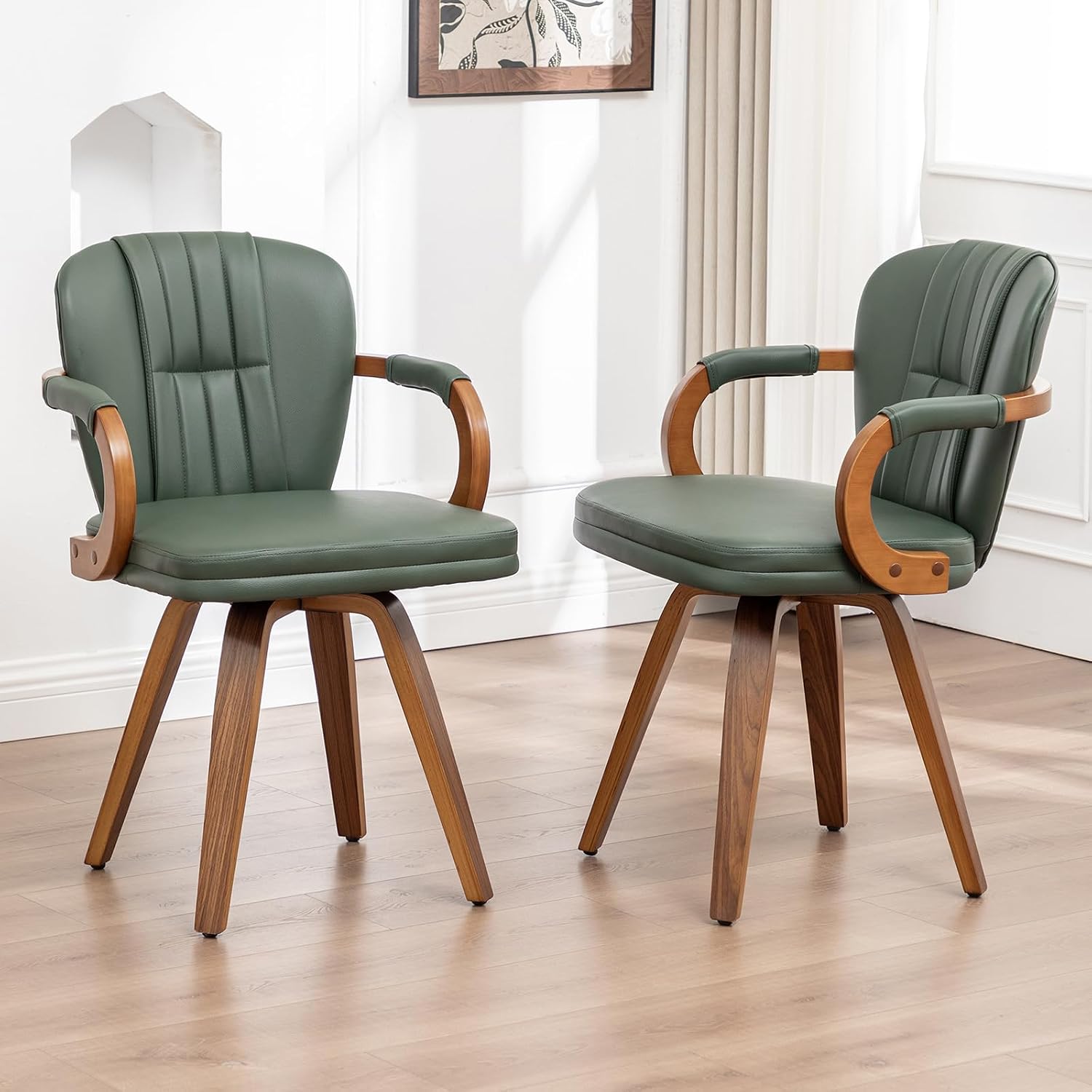 Swivel Dining Chairs Set of 2 Mid Century Modern Green Faux Leather Upholstered Kitchen Chairs with Bentwood Frame Armrests Side Chairs,Comfortable Ergonomic Wood Accent Chair No Wheels
