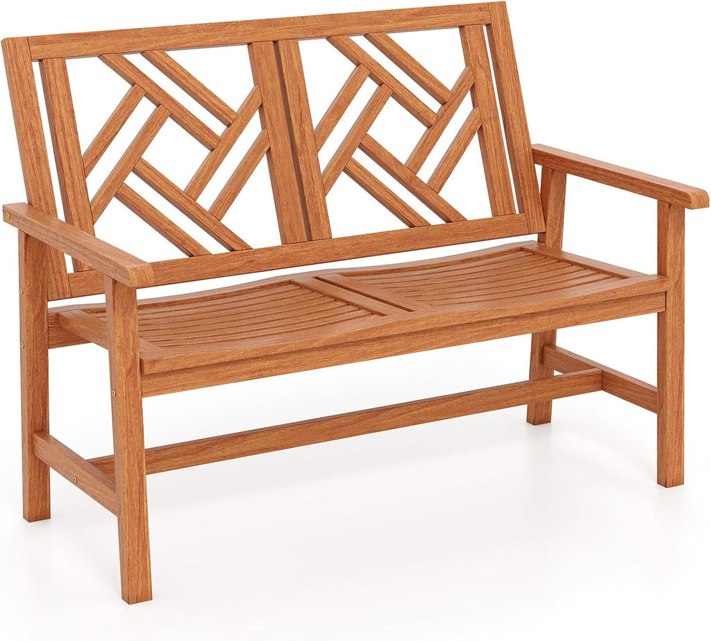 Tangkula Outdoor Wood Bench, 2-Person Patio Loveseat Chair with Geometric Backrest, Built-in Armrests & Slatted Seat, 660 lbs Weight Capacity, Garden Bench for Porch, Backyard & Poolside