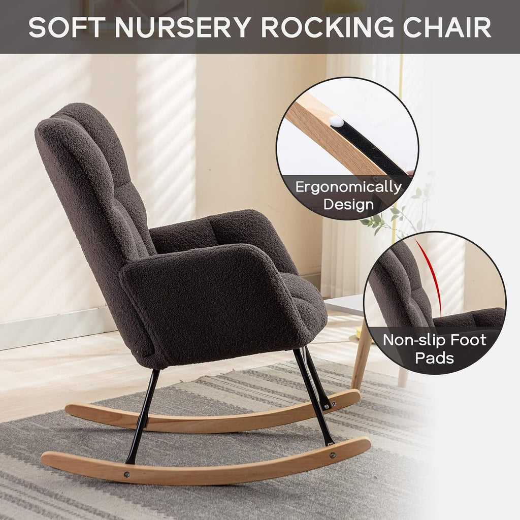 Modern Nursery Rocking Chair, Upholstered Glider Chair with High Backrest, Rocker Accent Armchair with Solid Wood Legs for Nursery Bedroom Living Room (Dark Grey Teddy)