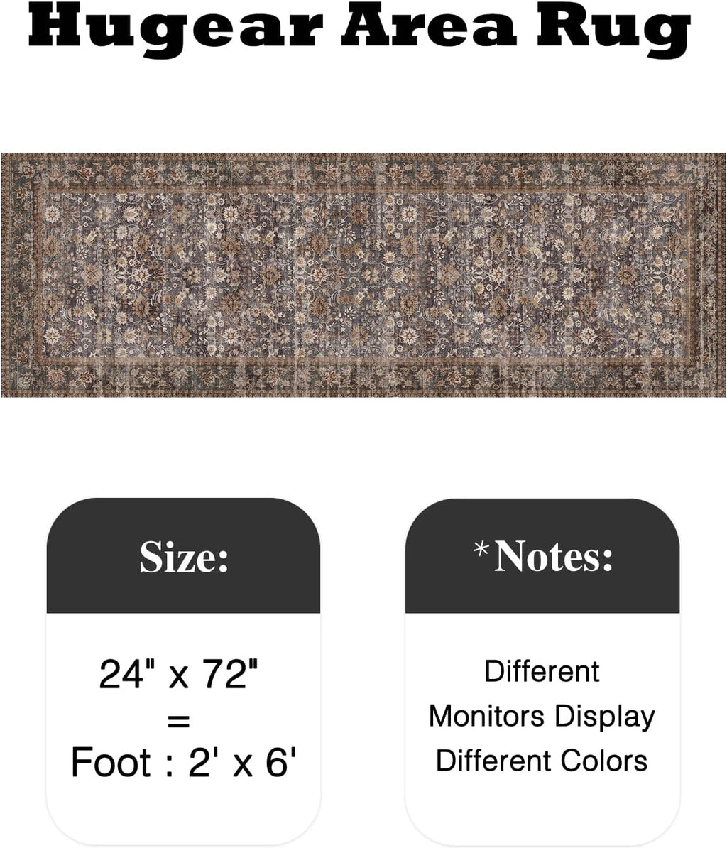 HUGEAR 2x6 Runner Rug Machine Washable Tradition Brown Hallway Area Rugs Indoor Accent Rugs Floral Low Pile Carpet Distressed Throw Rug Bedroom Living Room Office Dining Kitchen Laundry Non Slip