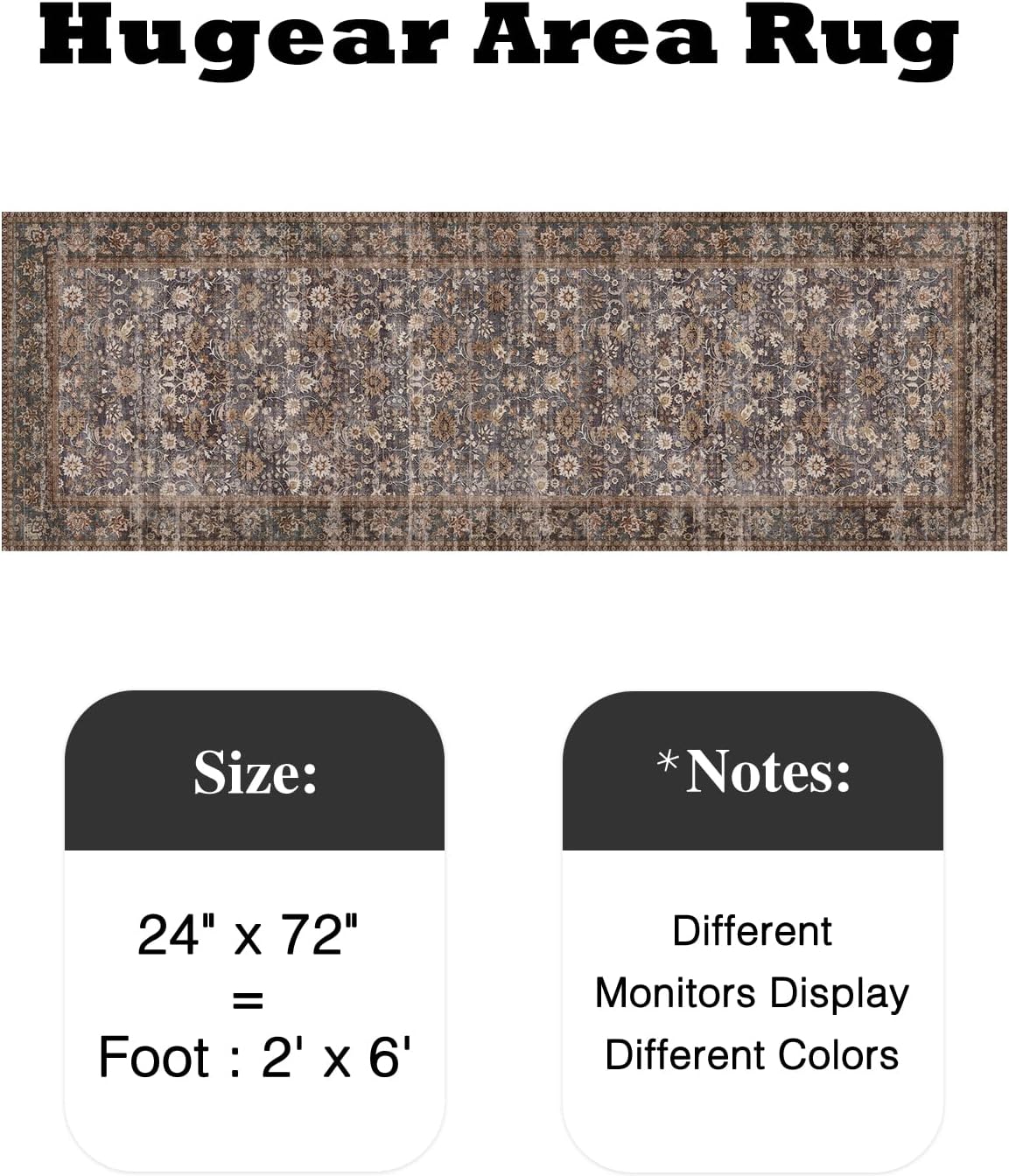 HUGEAR 2x6 Runner Rug Machine Washable Tradition Brown Hallway Area Rugs Indoor Accent Rugs Floral Low Pile Carpet Distressed Throw Rug Bedroom Living Room Office Dining Kitchen Laundry Non Slip