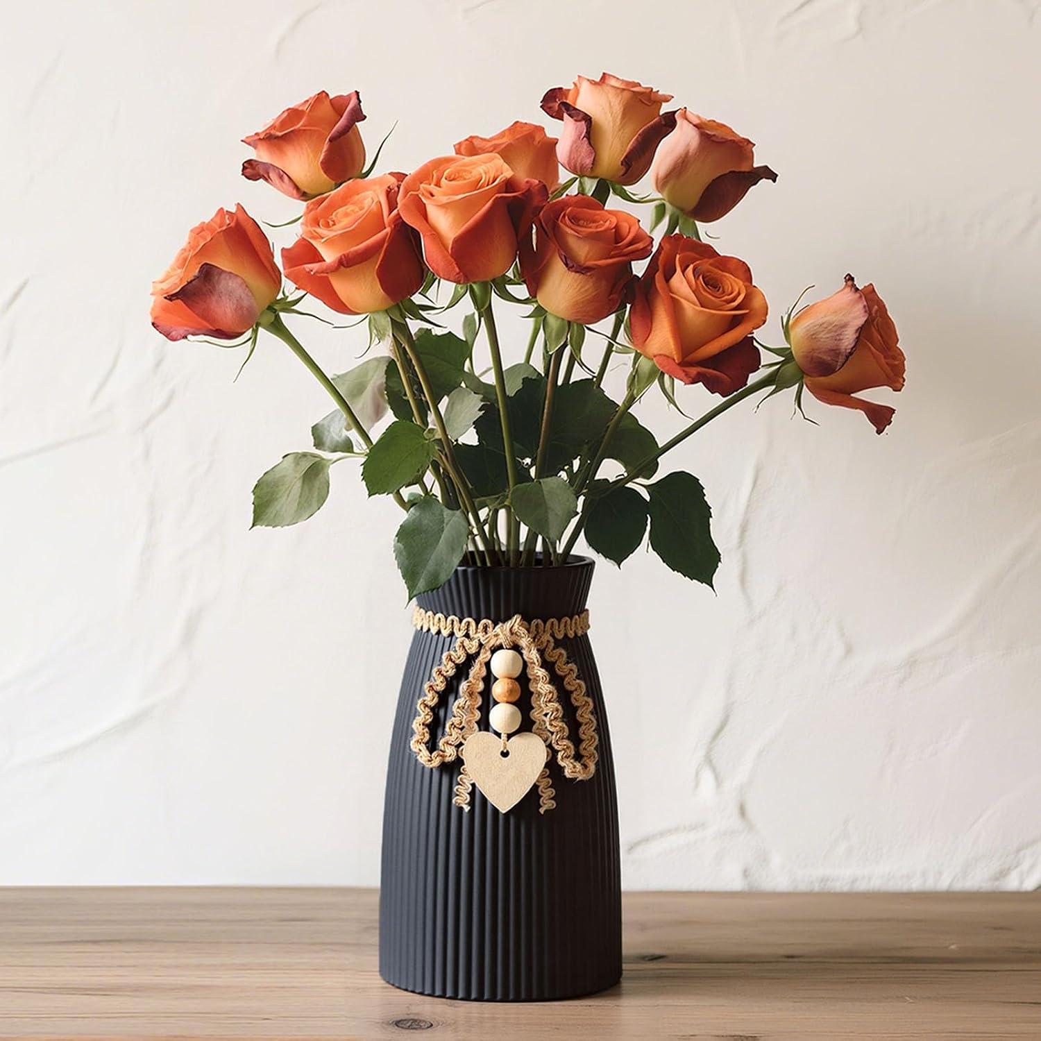 DomeStar Black Ceramic Vase, 6.3" Tall Boho Ribbed Vase for Pampas Grass, Wedding Centerpiece, Coffee Table, Bedroom & Apartment, Neutral Farmhouse Minimalist Modern Home Decor