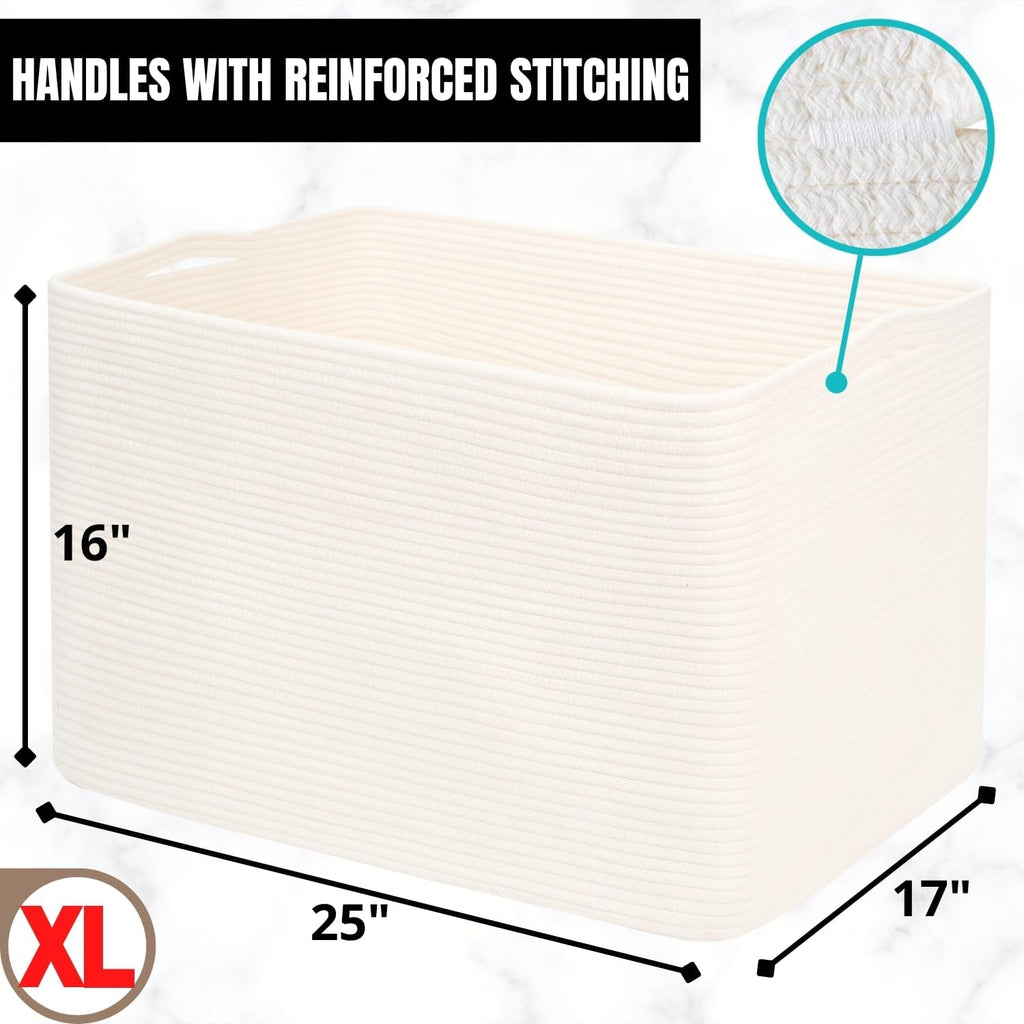 MINTWOOD Design 112L Extra Large Blanket Basket Holder Living Room, 25"x17"x16" Rectangle Rope Woven Storage Basket with Handles for Laundry, Towels, Shoes, Dog Toy Organizer Bin Box, Creamy White