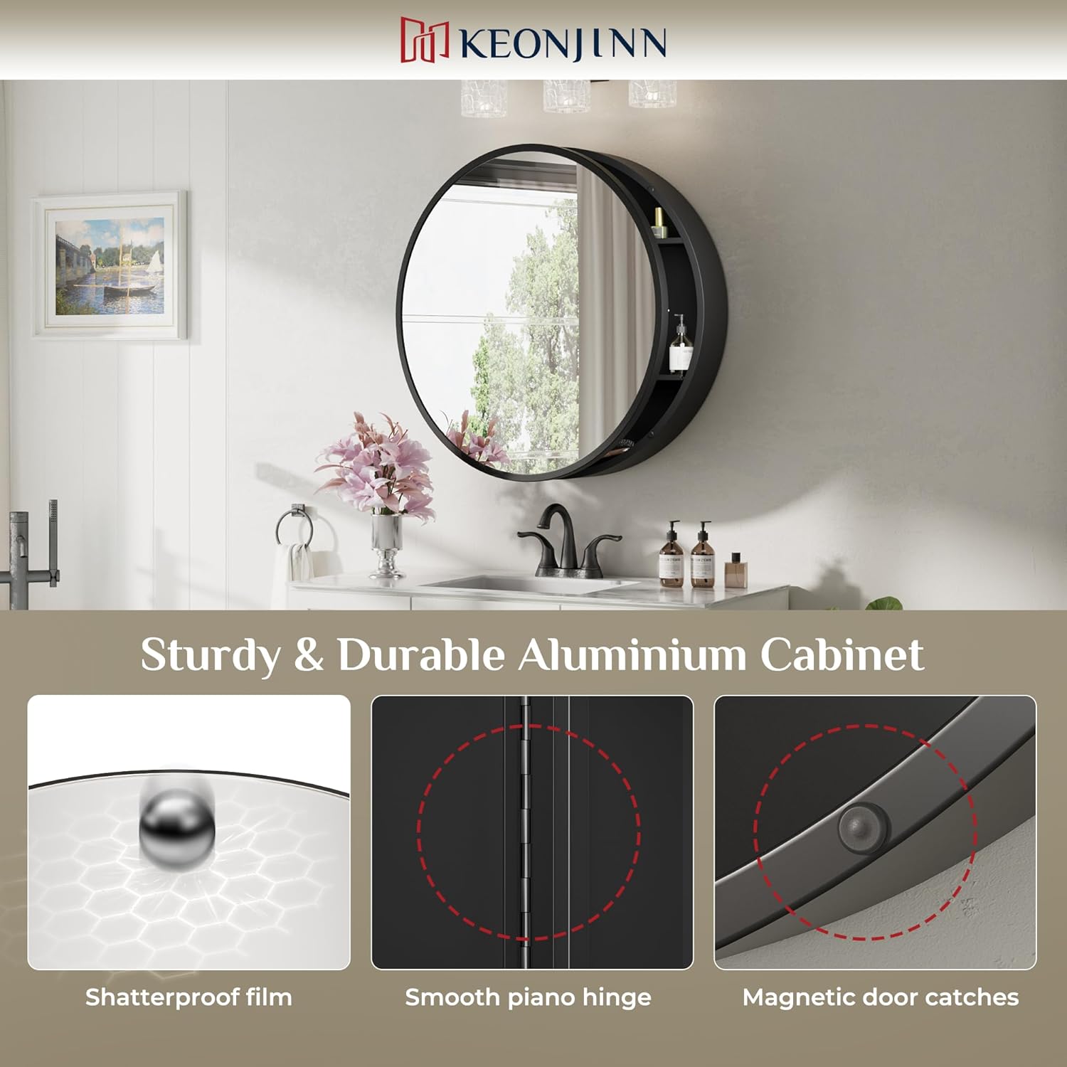 Keonjinn 20 Inch Round Medicine Cabinet with Mirror, Black Medicine Cabinet with Mirrors, Circular Surface Mount Medicine Cabinets, Framed Farmhouse Bathroom Cabinet with Adjustable Shelves