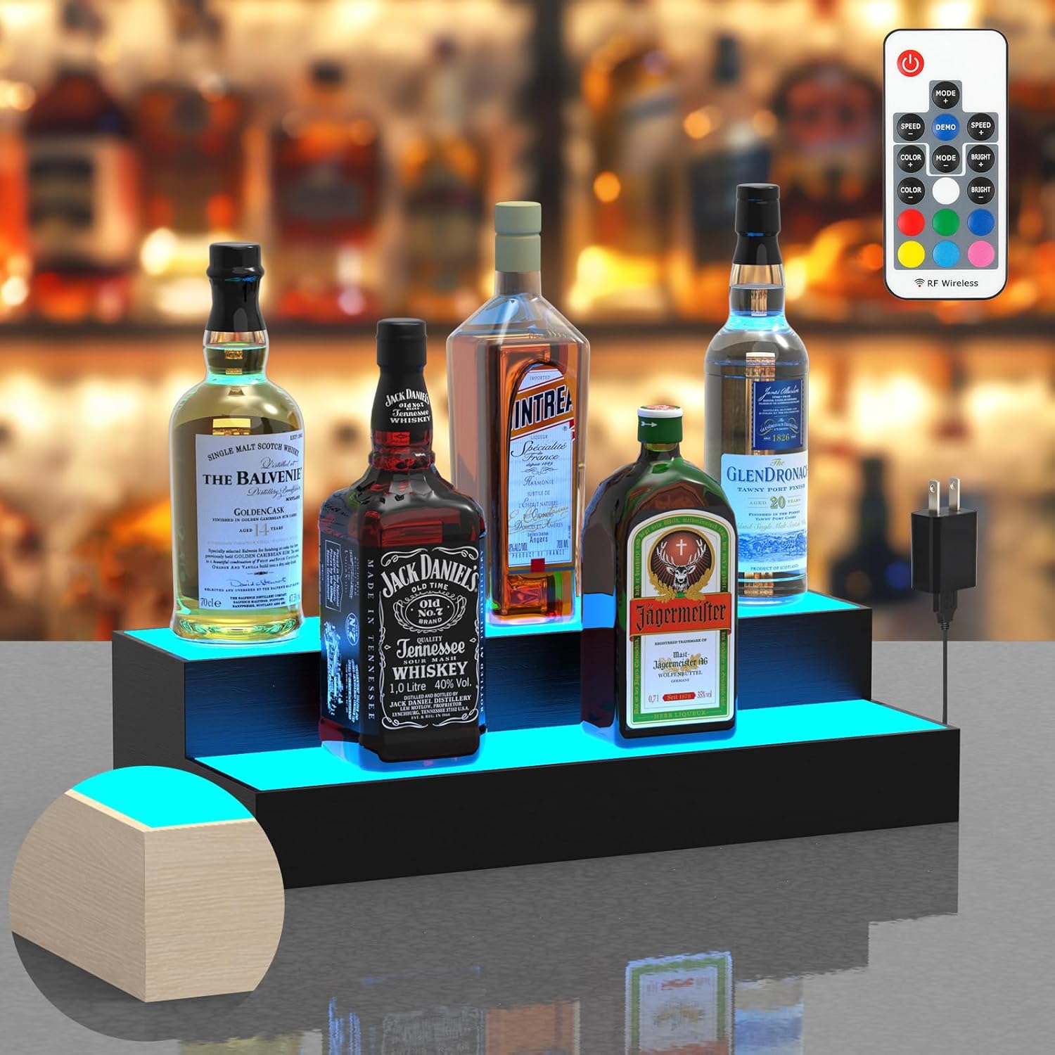 upcessory LED Lighted Liquor Bottle Display Shelf 2 Tier 16 Inch | Alcohol Whiskey Wood Rack Stand Tray for Home Bar Living Room Accessories and Decor, Bourbon Shelf for 8 Bottles
