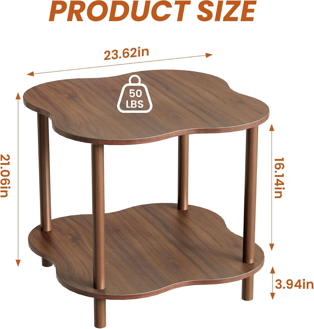Flower Shape End Table - 2-Tier Walnut Wood Color Coffee Tables, Modern Wooden Sofa Side Table Open Storage, Easy Assembly Tea Table for Living Room Home Cafe, 23.6’’W x23.6’’Dx20.9’’H