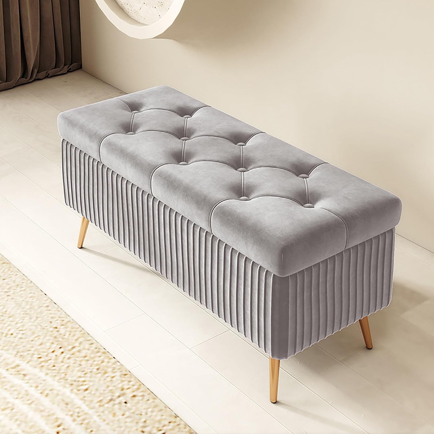 Entrance shoe-changing stool, bedroom storage stool with velvet surface, corner cushioned bench with storage, solid wood frame and sponge cushion, suitable for bedrooms, living rooms, entrances, etc.