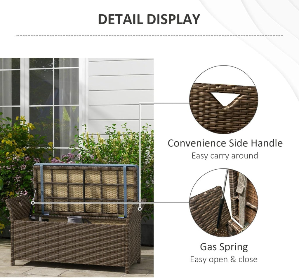 Patio Wicker Storage Bench with PE Rattan & Durable Aluminum Frame for Poolside, Lawn, Outdoor Rectangle Garden Storage Box with Handles and Cushion for Garden, Balcony, Living Room