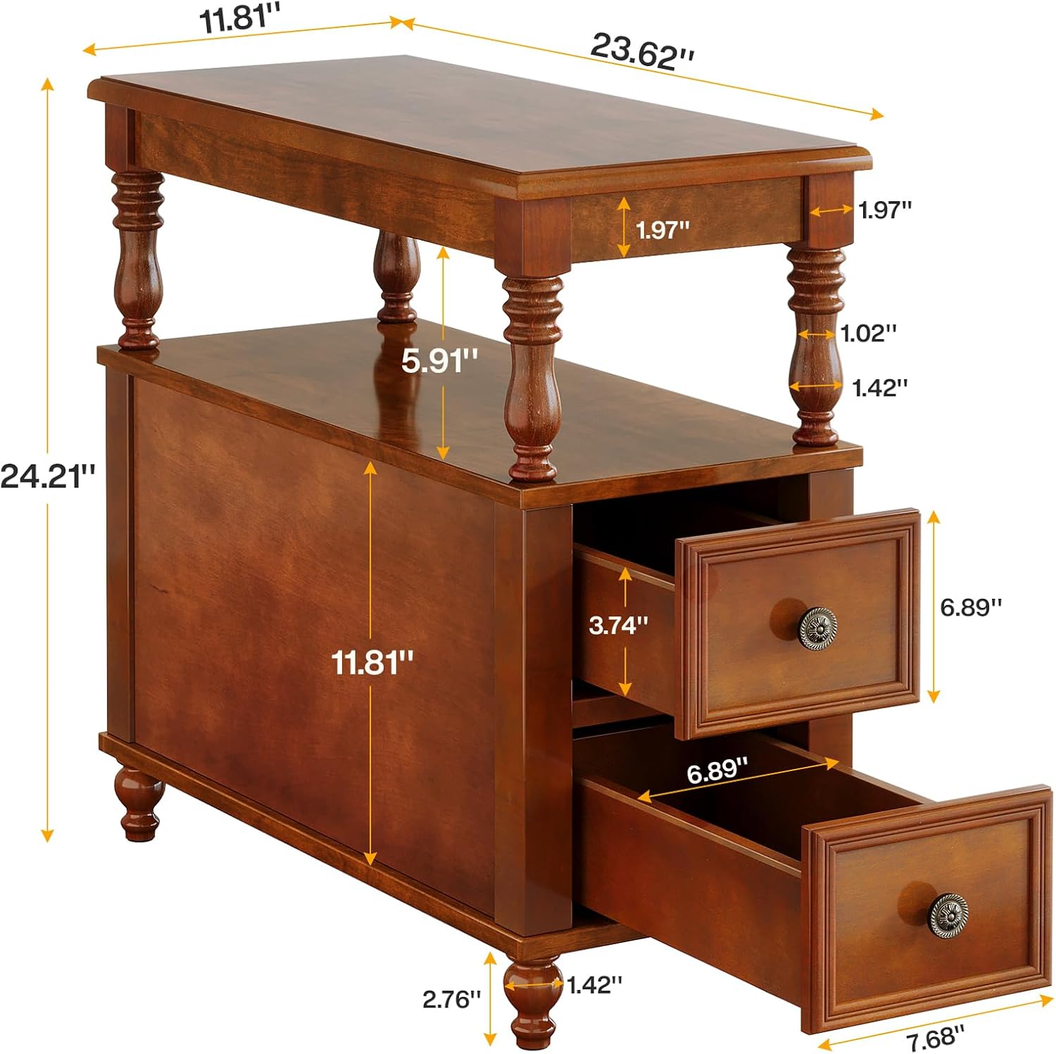 Tribesigns Cherry Finish Wood End Table with 2 Drawers, Mid-Century Wooden Slim Side Table Nightstands with Storage Shelf, Accent Table for Living Room, Easy to Assemble (Walnut)