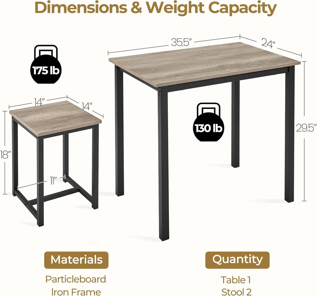 Yaheetech 3 Piece Dining Table Set - Kitchen Table & Chair Sets for 2 - Compact Table w/ 2 Stools & Space Saving Design for Dining Room Living Room Kitchen, Gray