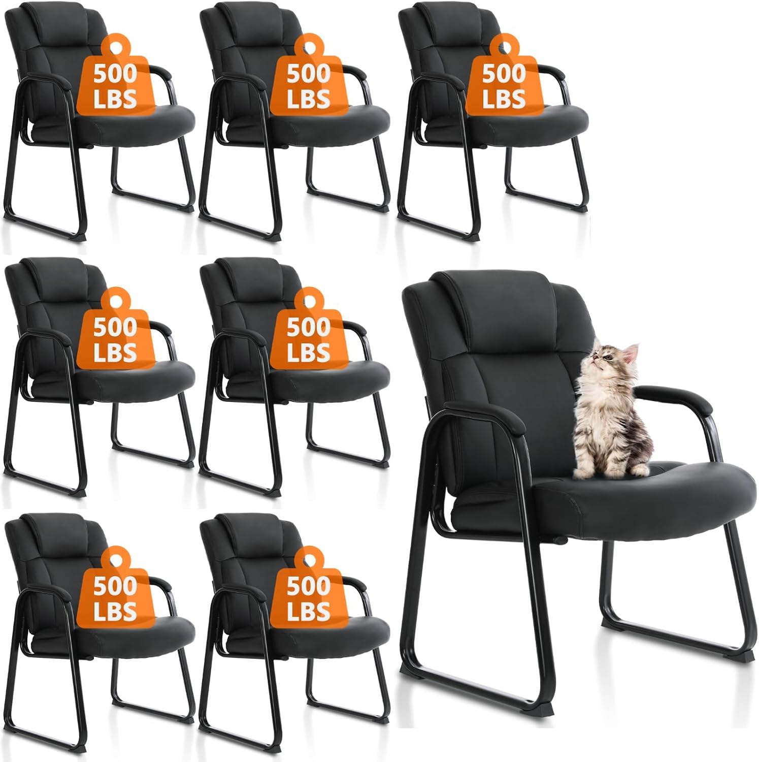 CLATINA Office Guest Chair Leather Reception Chair with Bonded Padded Arm Rest and Sled Base Desk Chair No Wheels for Reception Conference Waiting Room Side Office Home Set of 8 Black
