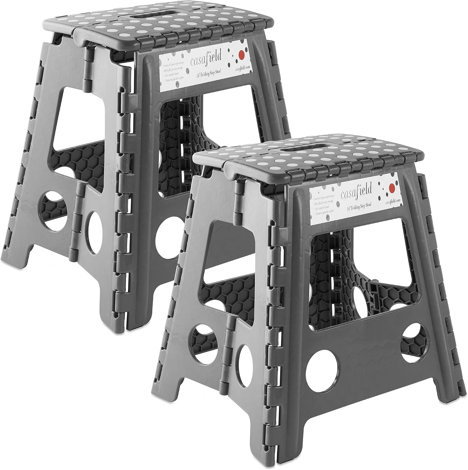 Casafield 16" Folding Step Stool with Handle (Set of 2), Gray - Portable Collapsible Small Plastic Foot Stool for Adults - Use in the Kitchen, Bathroom and Bedroom