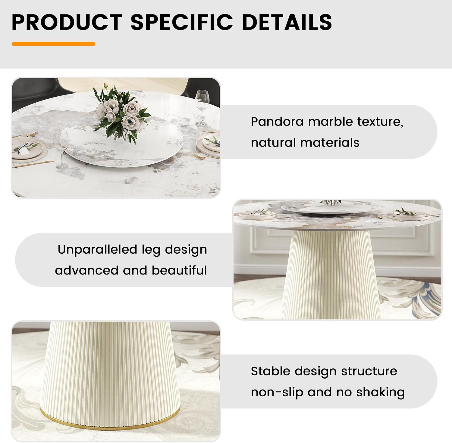 59" Round Dining Room Table, Faux Marble Dining Table for 8 Person with 31.5" Detachable Lazy Susan, Sintered Stone Dining Table with Carbon Steel Base and Wrapped Cream PU for Home(Only 1 Table)