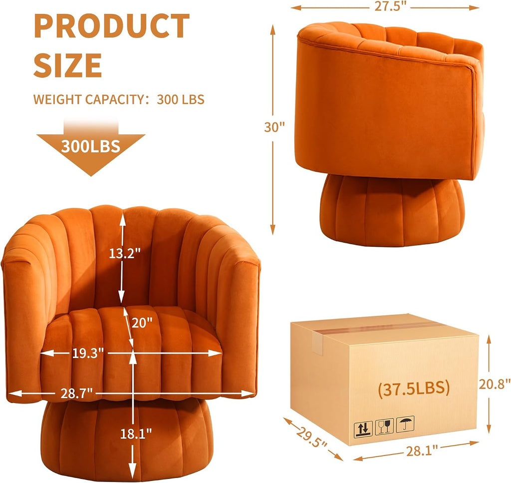 Swivel Accent Barrel Chair, Cute Comfy Small Round 360° Arm Chair, Velvet Sofa Club Reading Chair for Living Room, Bedroom, Office, Orange