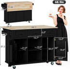Rovibek Kitchen Island with Drawers 53 in Rolling Island Cart Mobile Portable Islands on Wheels Solid Wood Island with Storage Cabinet & Drawers, Jet Black