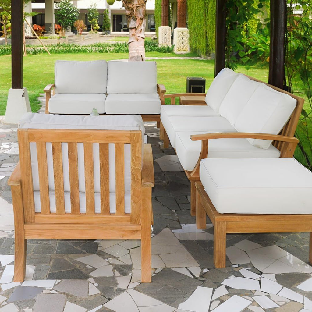 Alveare Home Alcove Outdoor Ottoman – Grade-A Teak Frame with All-Weather Sunproof Cushion, Stainless Steel Hardware, Classic Patio Seating or Footrest, White