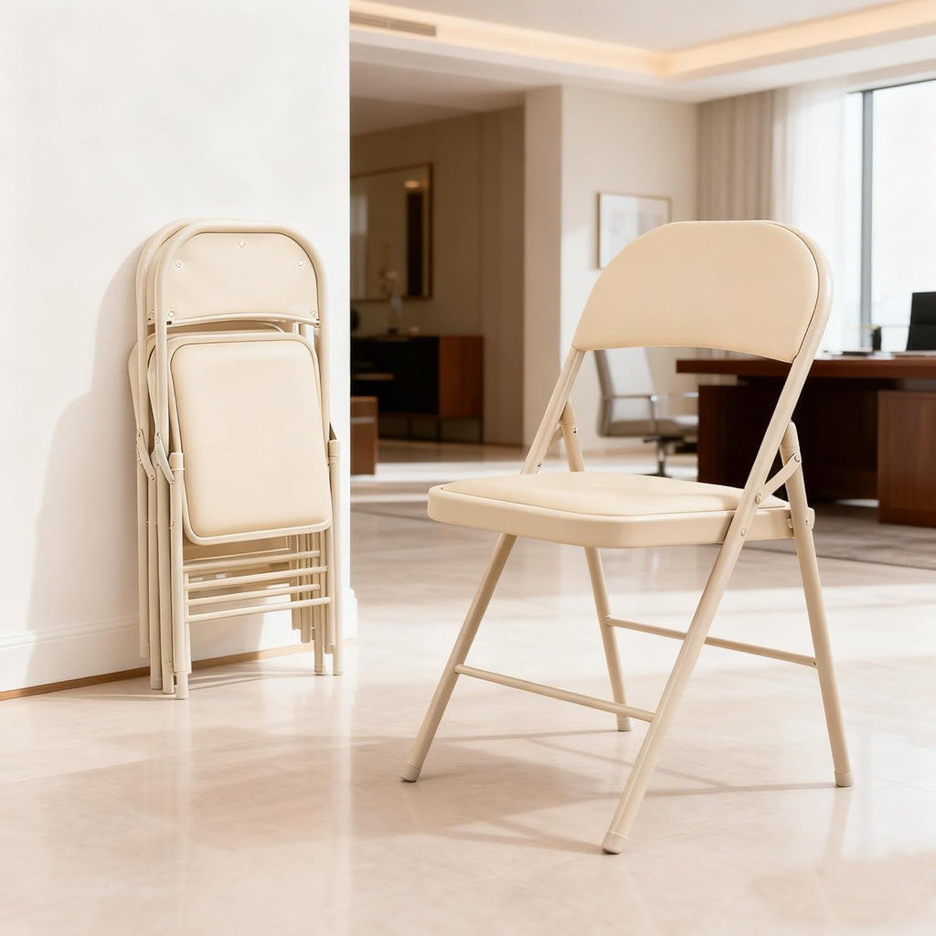 Simple Deluxe 2 Pack Folding Chairs, Plush Padded Leather Seats, Reinforced Metal Frame | Lightweight Collapsible Seats for Home, Office & All Occasions, Khaki