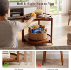 Taitiy Rolling Side Table with Wheels Solid Wood Round End Table with Storage Shelf 2 Tier Mobile Side Table for Couch & Small Spaces Wooden Bedside Table with Lockable Casters Walnut 21.5"