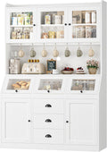 HIFIT 71.4” H Farmhouse Pantry Cabinet with 3 Bread Boxes and 7 Metal Hooks, 47.2” Wide Kitchen Hutch Cabinet with Storage and Glass Doors, White