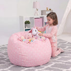 Pink Bow Bean Bag Cover for Kids 38 Inch Stuffed Animal Storage Bean Bag Chair Cotton Canvas Toy Storage Large Capacity Plush Toy Organizer for Playroom Bedroom Nursery